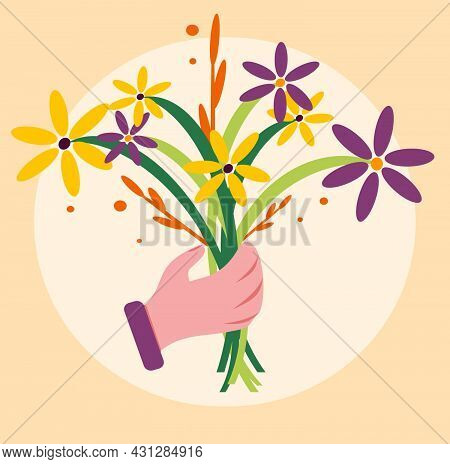 Illustration Of A Bouquet Of Purple And Yellow Flowers In Hand. Postcard With A Bouquet Of Flowers I