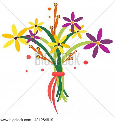 Illustration Of A Bouquet Made By A Florist. Isolated Bouquet In Pink Ribbon. A Bouquet Of Yellow An