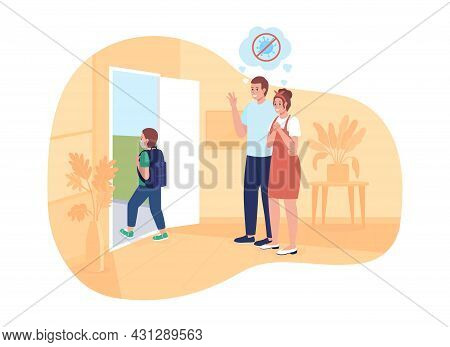 Happy Parents See Their Son Off To School 2d Vector Isolated Illustration. Schoolboy Returns Back To