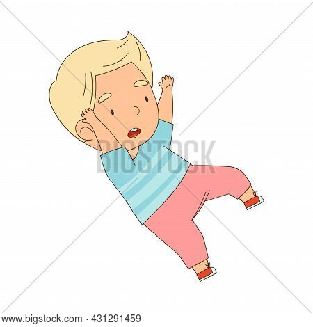 Cute Boy Tumbling Over And Stumbling While Running And Rushing At Full Speed Vector Illustration