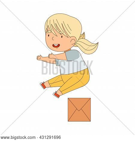Cute Girl Running And Rushing At Full Speed Jumping Over Cardboard Box Vector Illustration