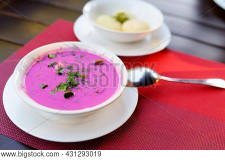Lithuanian Cold Beet Soup Called Saltibarsciai. Bright Pink Soup Made Of Beetroots And Kephir And Se