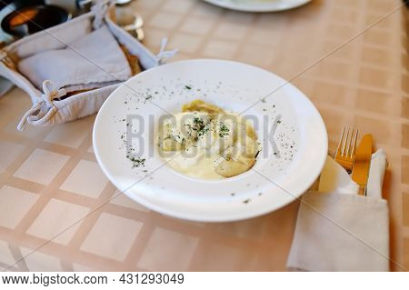 Traditional Lithuanian Koldunai, Small Dumplings That Come With A Variety Of Fillings, Server With S