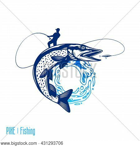 Fishing Logo With Jumping Fish And Fisherman