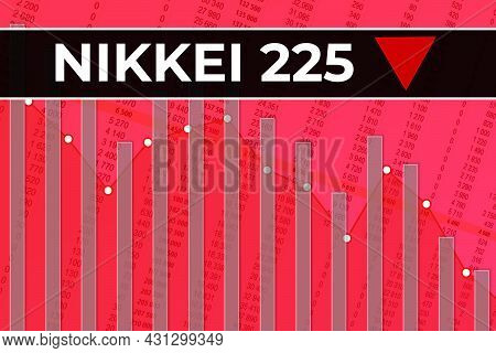 Japan Financial Market Index Nikkei 225 (ticker N225) On Red Finance Background From Numbers, Graphs