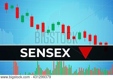 World Stock Market Index Bse Sensex (ticker Bsesn) On Blue Financial Background From Graphs, Pillars
