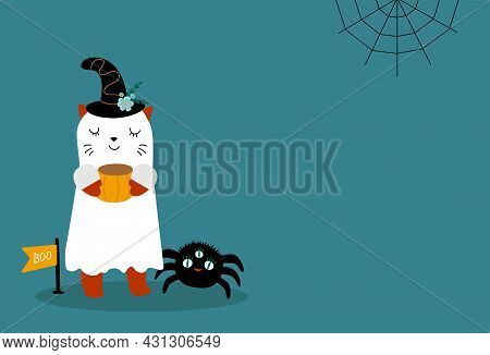 Cute Halloween Greeting Card With Cute Cat In Ghost Costume And Spider With Cobwebs. Animal Holidays