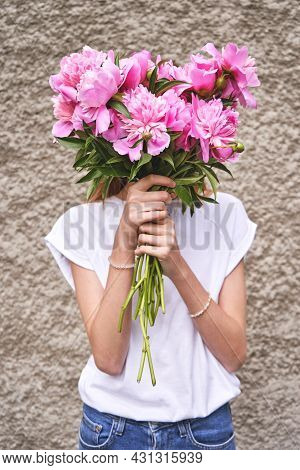 Peony Pink Bouquet. Female People Holding Flowers. Faceless Lifestyle Concept. Summer Postcard. Anon