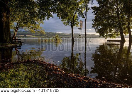 Lake Sempach, Switzerland - August 1, 2021, Century Flood In Switzerland: Bank And Trees At Flooded 