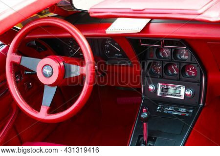 Wroclaw, Poland, August 20, 2021: Beautiful Bright Interior Of The Chevrolet Corvette