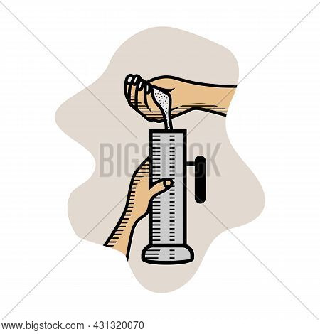 Pouring Rice Powder To Steam Rice Cake Maker Also Known Puttu Kutty With Hand
