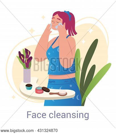 Facial Cleansing Concept. Woman Stands In Bathroom And Applies Cleansing Cream To Skin. Removal Of D