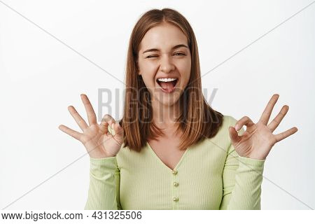 No Problem, Alright. Happy Girl Winks And Smiles, Shows Okay, Zero Ok Sign, Assuring All Under Contr