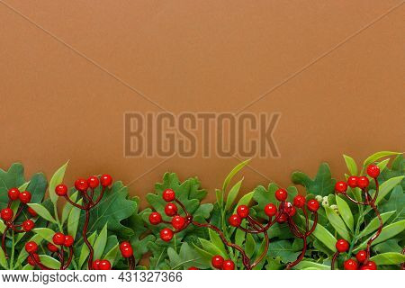 Autumn Oak And Rowan Branches With Red Berries On Brown Background.
Flat Lay, Top View, Copy Space C