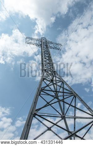 A Cross On The Top Of Hrobacza Laka In The Maly Beskids In Poland, 35 Meters High