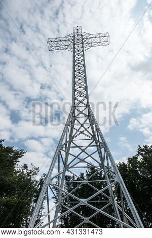 A Cross On The Top Of Hrobacza Laka In The Maly Beskids In Poland, 35 Meters High