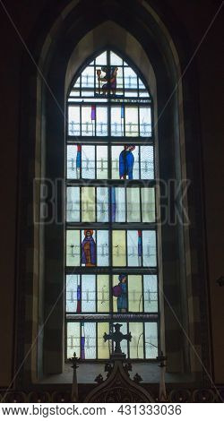 Ludzmierz, Poland June 10, 2021: Stained Glass Window In The Sanctuary Of Our Lady In Ludzmierz, Pol