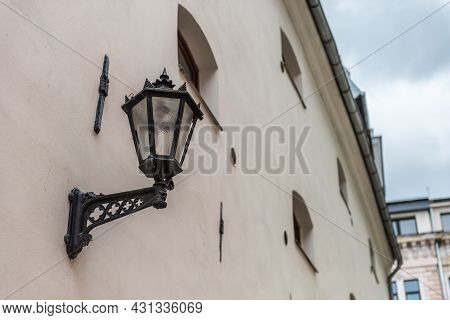 Vintage Black Gothic Street Wall Lantern In Old Town Of Riga Vecriga, Latvia