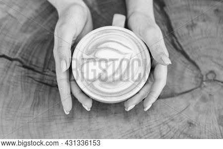 Beautiful Pattern Heart Created By Microfoam. Coffee Shop And Cafe Concept. Female Hands Cappuccino.