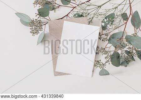 Wedding, Birthday Stationery Composition. Blank Greeting Card, Invitation Mockup And Craft Envelope.