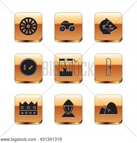 Set Old Wooden Wheel, King Crown, Medieval Iron Helmet, Well With Bucket, Round Shield, Bale Of Hay 