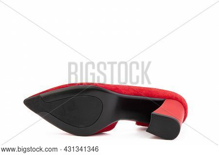 Classic And Elegant Suede High-heeled Women Shoes. Stylish Red Shoes On High Block Heels And With A 
