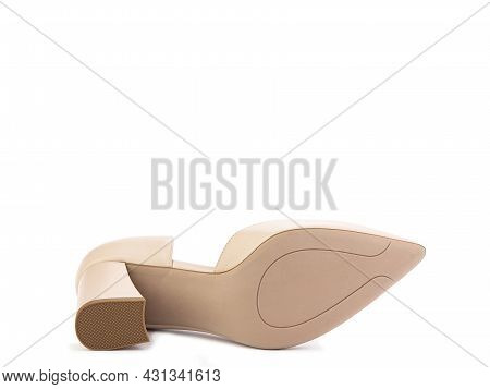 Classic And Elegant Suede High-heeled Women Shoes. Stylish Beige Shoes On High Block Heels And With 
