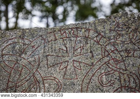 Close Up View Of Runestone With Inscription From The 1000s Ad. Sweden.
