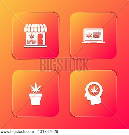 Set Marijuana And Cannabis Store, Online Buying Marijuana, Plant Pot And Head Profile With Icon. Vec