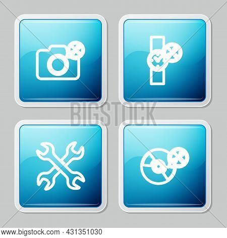 Set Line Photo Camera Service, Wrist Watch, Crossed Wrenchs And Cd Or Dvd Disk Icon. Vector