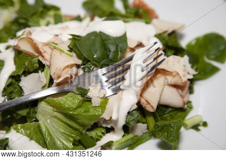 Romaine Lettuce, Tomato, And Chicken Lunchmeat Drizzled In Ranch Dressing