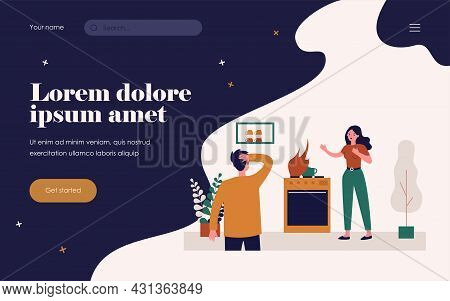 Gas Leaking At Home. People Panicking About Fire On Cooktop Flat Vector Illustration. Fire Safety, F