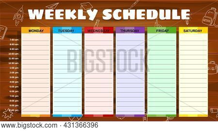 School Schedule Weekly, Hand Drawn Sketch Icons Of School Supplies, Pencils On Woodboard. Vector Tem
