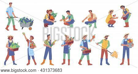 Man And Woman Farmers With Harvest Isolated Flat Cartoon Characters. Vector People Holding Fruits An