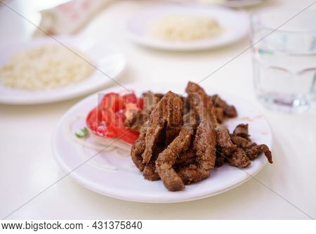 Ciger, It Is One Of Famous Food In Edirne, Turkey. Beef Liver Cooked In Oil And Marinated With Milk