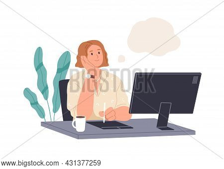 Happy Person Dreaming At Work. Creative Woman Thinking, Imagining, Fantasizing At Workplace With Com