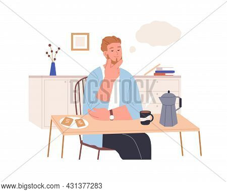 Relaxed Thoughtful Person Imagining And Dreaming Of Smth Pleasant At Home Kitchen. Happy Man Resting
