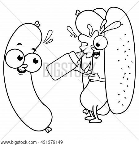 Cartoon Sausage And Hot Dog Splashing Itself With Mustard. Vector Black And White Coloring Page
