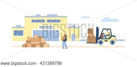 Warehouse Or Store Building With Loaders, Flat Vector Illustration Isolated.