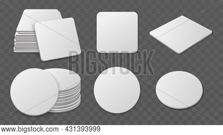Beer Coaster Stacks. Realistic Paper Round And Square Shapes For Glasses Drinks, Blank Cardboard Bie