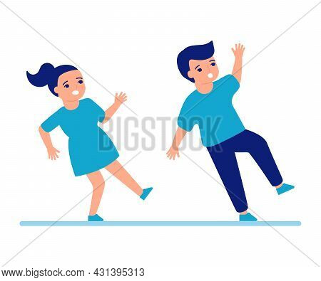 Children Slip And Fall Down To Floor. Slippery Floor For Children. Boy And Girl Fail And Fall. Vecto