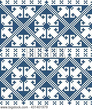 Zmijanje Cross Stitch Style Vector Folk Art Seamless Pattern - Textile Or Fabric Print Design From B