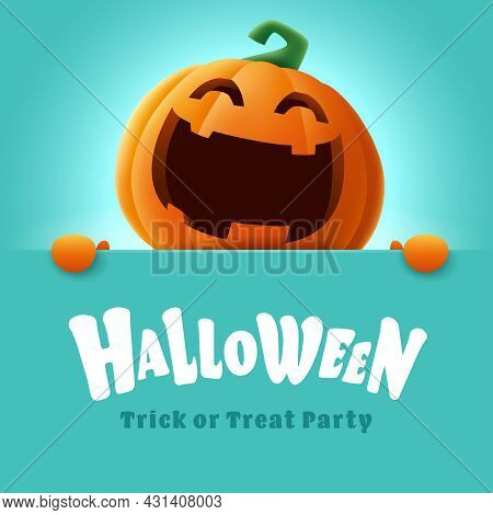 Happy Halloween. 3d Illustration Of Cute Jack O Lantern Orange Pumpkin Character With Big Greeting S
