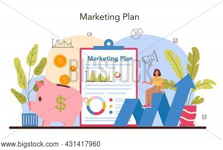 Marketer Set. Marketing Strategy And Communucation With A Customer