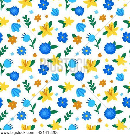 Cute Vector Seamless Pattern With Cartoon Flowers. It Can Be Used As Wallpaper, Poster, Print For Cl