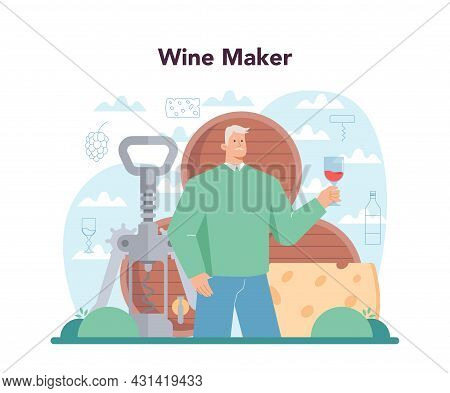 Wine Maker Concept. Grape Wine In A Wood Barrel, Bottle Of A Red Wine