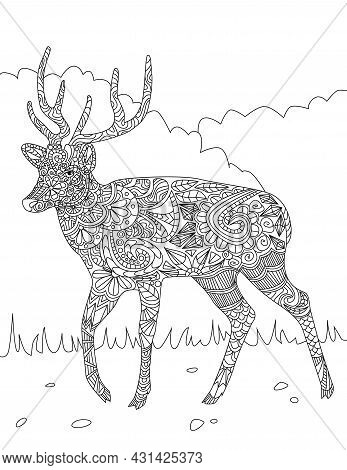 Large Adorable Dear Line Drawing Walking Really Slow On This Own At The Forest. Endangerd Animal Lin