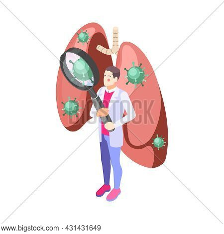 Lung Inspection Icon With Virus Bacteria And Doctor Holding Magnifier 3d Vector Illustration