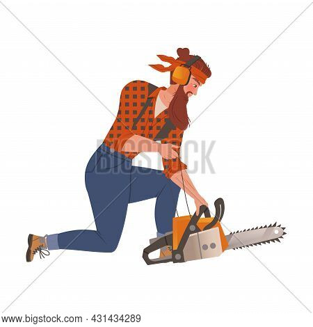 Bearded Woodman Or Lumberman In Checkered Shirt And Sling Pants Wearing Earmuffs With Chain Saw Vect