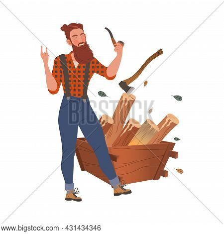 Bearded Woodman Or Lumberman In Red Checkered Shirt And Sling Pants Standing With Smoking Pipe And P